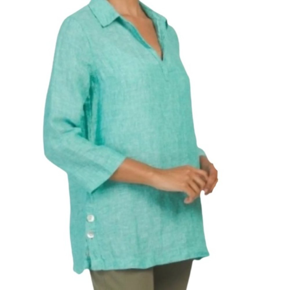 TAHARI Teal 3/4 Sleeve 100% Linen Tunic - Small
